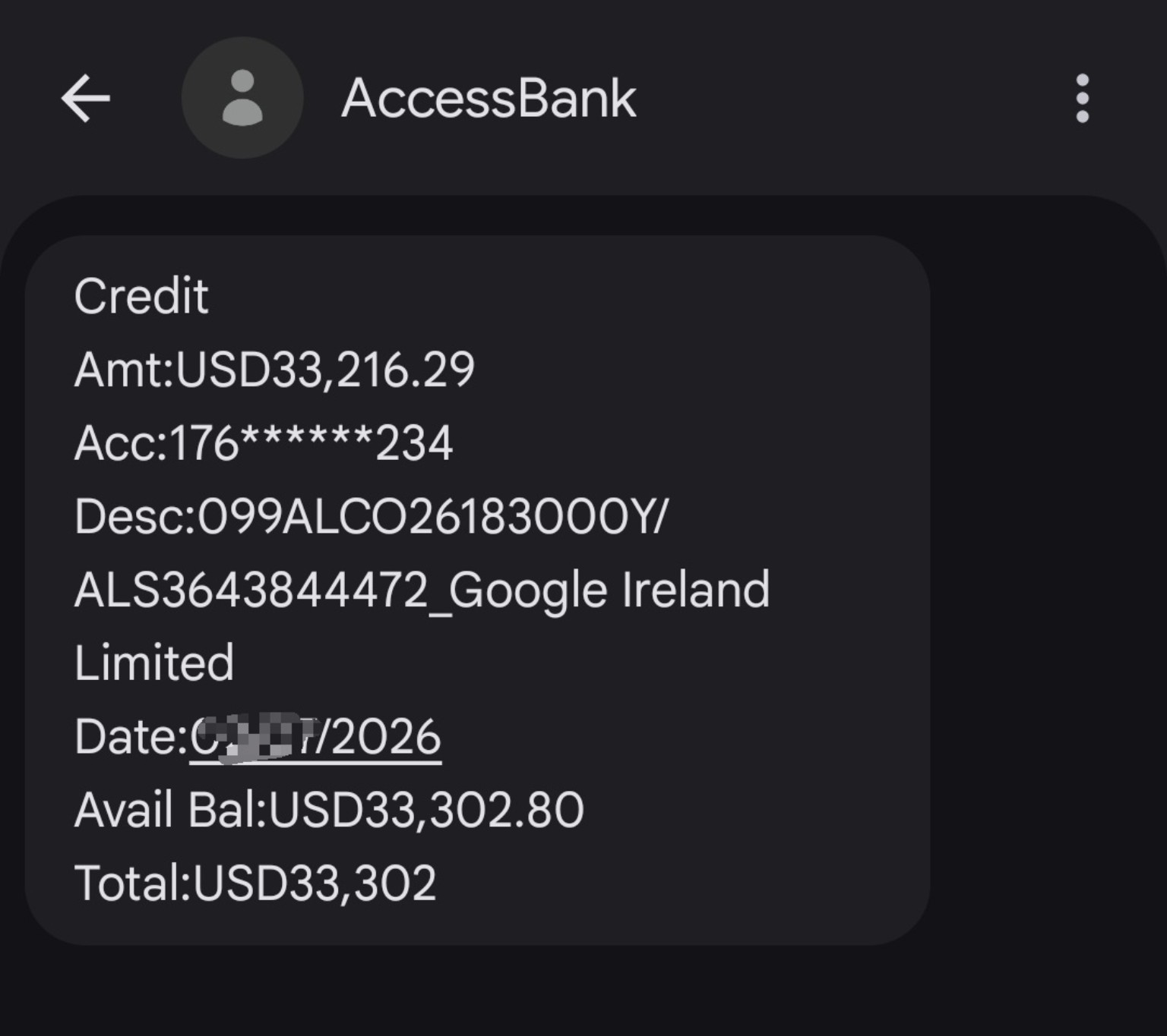 Joshua YouTube earnings proof showing USD 33,216.29 credit from Google Ireland Limited